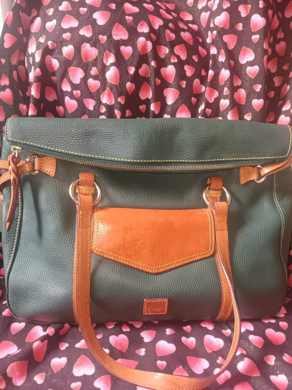 Leather-Trim Green Tote Bag with Tan Accents